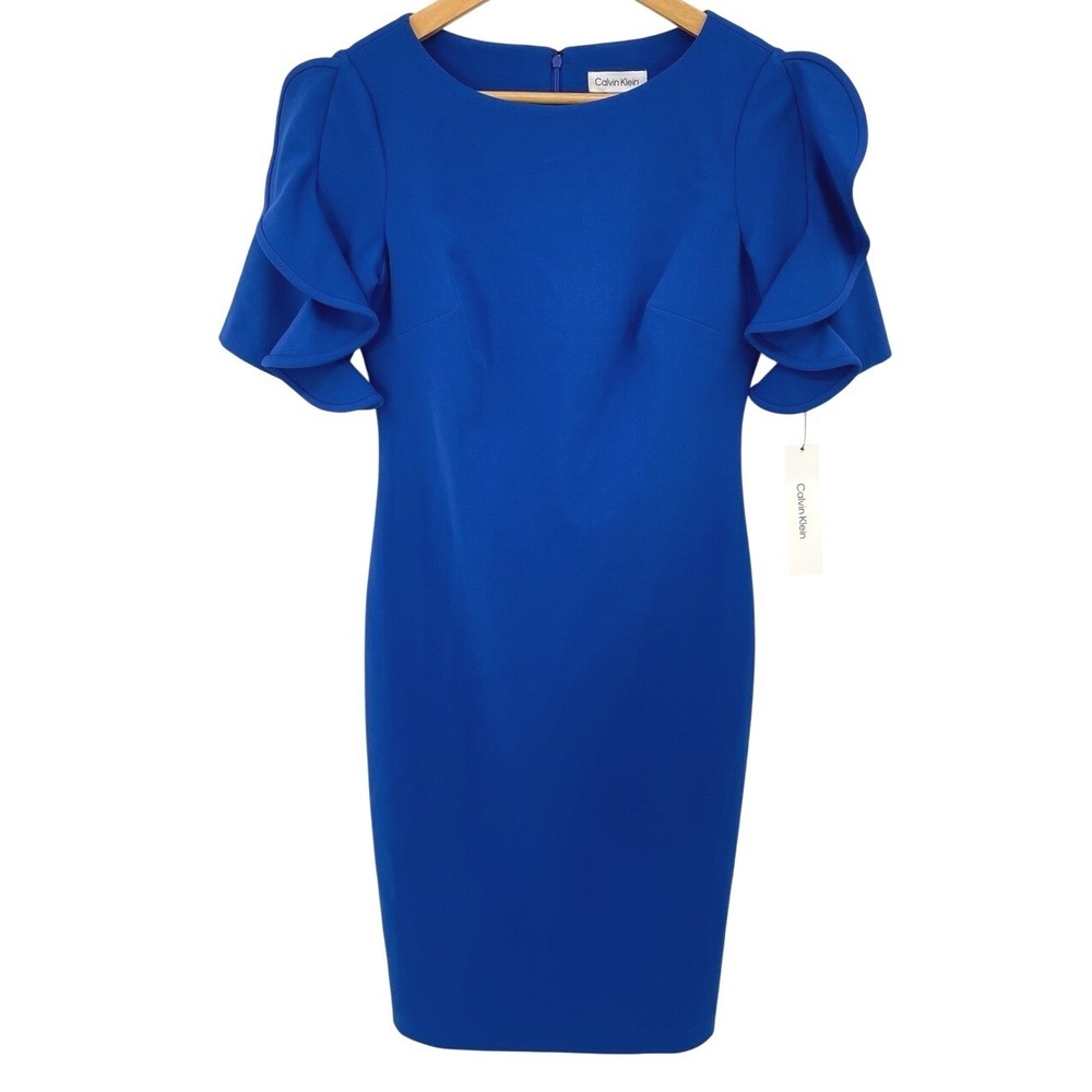 Calvin Klein Womens 4 Sheath Dress Royal Blue Ruffle Sleeve Cocktail Party NEW‎